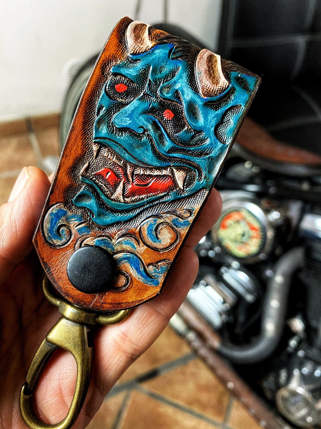 Handmade Leather Key Fob Devil Leather Keyring Japanese Tattoo - Etsy
