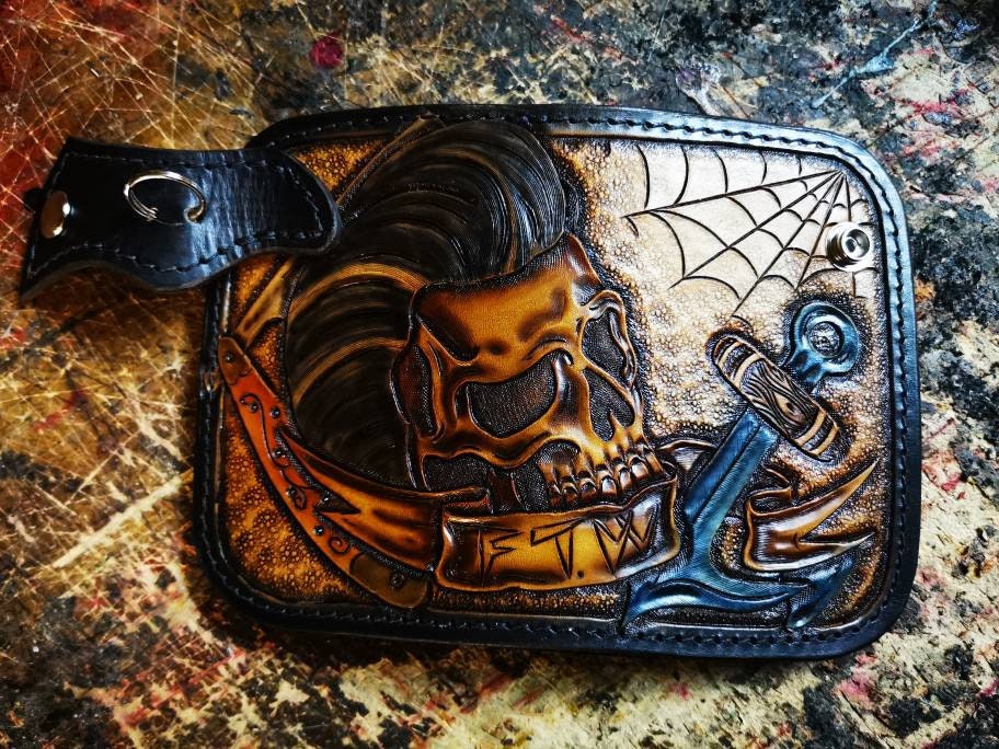 Psychobilly Rockabilly Handmade Leather Chain Wallet, Skull Psychobilly Rockabilly Handmade Leather Chain Wallet, Skull