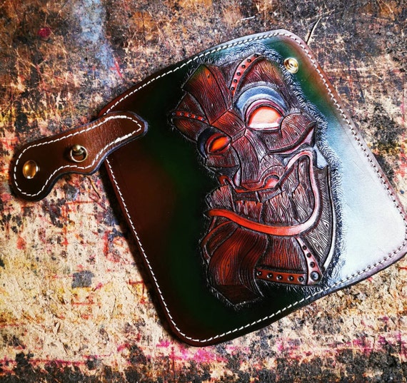 Hand Gesneden Dragon Skull Biker Sheridan Lange Portemonnee Hand Tooled Hand-tooled biker portemonnee heren portemonnee Tassen & portemonnees Portemonnees & Geldclips Portemonnee met ketting 