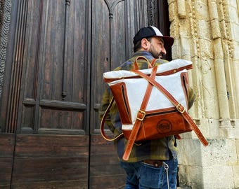 Handgefertigte Leder & Canvas Roll-Top Rucksack : Laptop Tasche im Vintage Stil