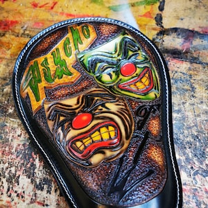 Solo Seat Laugh Now Cry Later Leather Motorcycle Seat Custom Harley Davidson Chopper Bobber  Knucklehead Bagger handmade Chicano old school