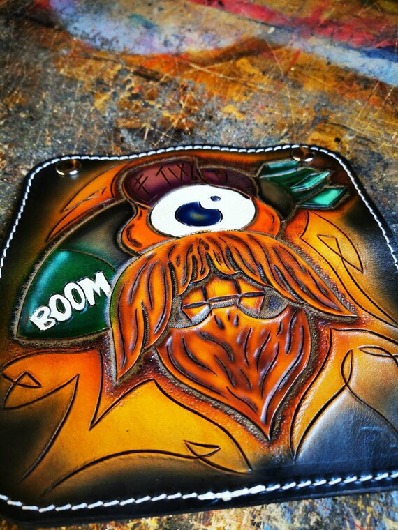 Eyeball Beardo Biker portemonnee Handgemaakte ketting lederen portemonnee Kustom Kulture Rockabilly Tooled Custom leerwerk Hot Rod handgemaakt in Ierland Tassen & portemonnees Portemonnees & Geldclips Portemonnee met ketting 