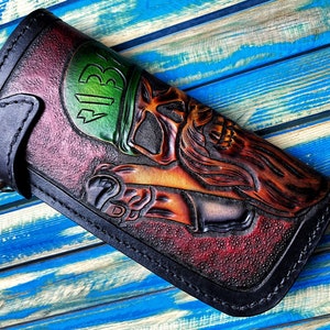 Cartera con cadena de cuero hecha a mano con colgador de monos Shovelhead Bobber Kustom Kulture Biker Wallet Cartera larga Cartera de cuero repujado FTW 13 Harley