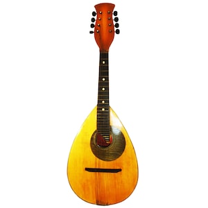 Könnte beinhalten: Eine Mandoline aus Holz mit perlmuttartigem Finish und einem Griffbrett aus dunklem Holz. Die Mandoline hat einen runden Korpus und einen langen Hals mit Stimmwirbeln oben.