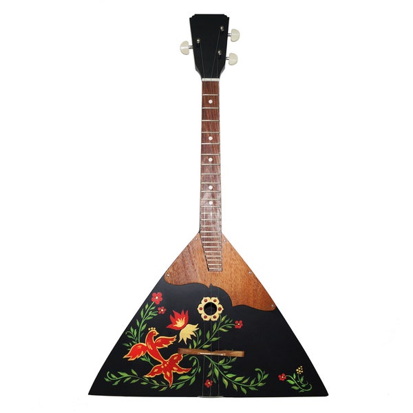 Balalaika 3 Strings Prima, Handmade Folk Musical Instrument, made in Ukraine, Hand Painted Black, Natural Wood, Very Beautiful sound!