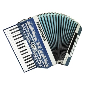 May include: A blue and white Weltmeister accordion with a piano-style keyboard. The bellows are light blue and black. The accordion has a decorative design on the front and the brand name is visible.