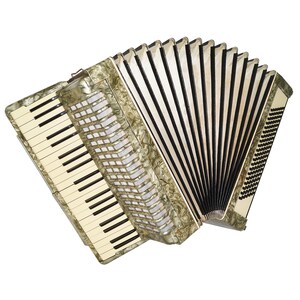 Könnte beinhalten: Ein Vintage-Akkordeon mit einer beige-grünen Marmorierung. Das Akkordeon hat einen schwarzen Balg und eine Tastatur mit weißen und schwarzen Tasten.