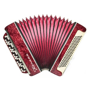 Pode incluir: Um acordeão vermelho e preto com o nome "Vilnuka" impresso na lateral. O acordeão tem um acabamento texturizado e marmorizado nos painéis vermelhos e uma série de botões pretos e brancos no lado esquerdo. O fole é vermelho vibrante.