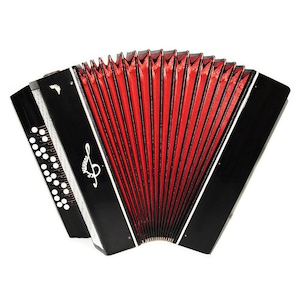 Pode incluir: Um acordeão preto e vermelho com um rótulo branco que diz "Melody".