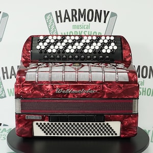 Weltmeister Grandina Button Accordion made in Germany, Concert Bayan B Griff Stradella, New Straps Soft Case, Professional 5 Row Accordion