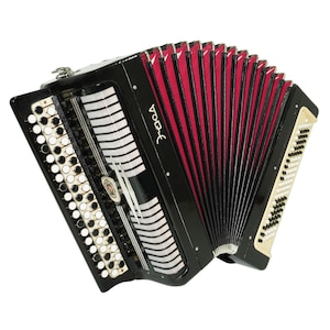 Acordeão russo Tulskiy Bayan Etude, cromático de 3 fileiras com botões, sistema B, novas alças e estojo macio, modelo soviético Garmoshka Tula.