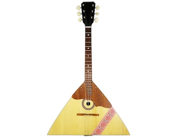 May include: A traditional Russian balalaika, a triangular stringed instrument with a wooden body, a long neck, and a sound hole. The instrument has a natural wood finish with a red and white patterned design on the lower body.