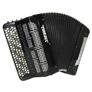 May include: A black accordion with silver and white accents. The accordion has a rectangular shape with multiple rows of buttons and keys. The bellows are black and ribbed. The word "Украина" is printed on the side.