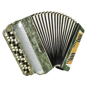 Pode incluir: Um acordeão verde e prateado com teclas e fole pretos e brancos. O acordeão tem um padrão decorativo na frente e a palavra "Україна" em escrita cursiva. O fole do acordeão é preto e branco.