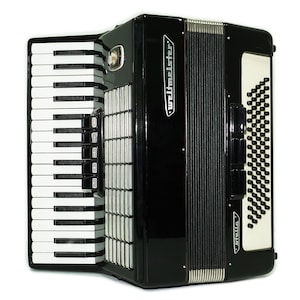 May include: A black and white Weltmeister Stella accordion. The accordion features a keyboard with white keys and black keys, a bellows, and a series of buttons. The accordion has a glossy finish and is set against a white background.