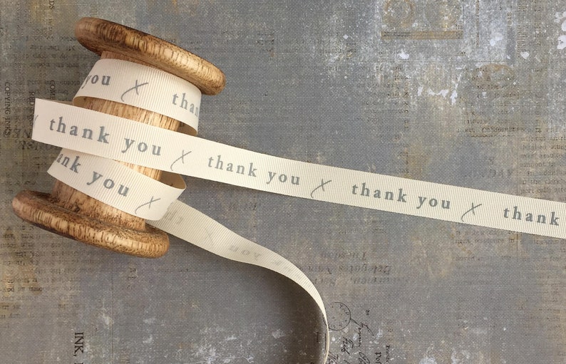 Ivory Grosgrain ribbon with /'Thank You/' Print 15mm x 1m T318
