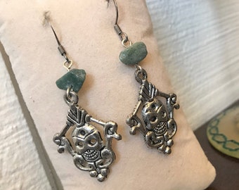 Green Agate Skull Sterling Silver Drop Earrings