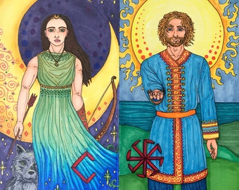 Tarot Art XVIII Devana and XIX Dazhbog