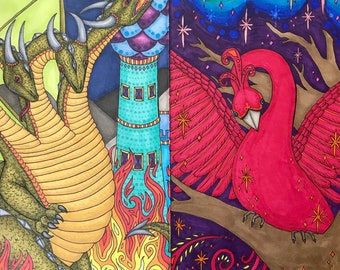 Tarot Art XVI Zmei Gorynych and XVII The Firebird