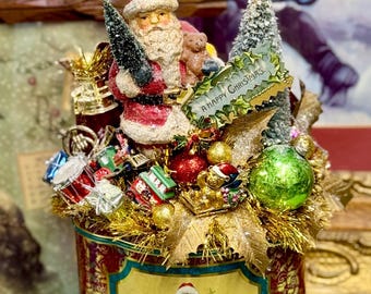 Vintage Christmas Tin Shiny Brite Ornament Victorian Santa Tree Decor Decoration