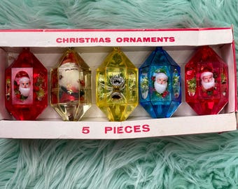 Christmas Ornament Santa Claus  Diorama Teardrop Icicles  Vintage Mid Century Bradford Jewelbrite  lot of 5