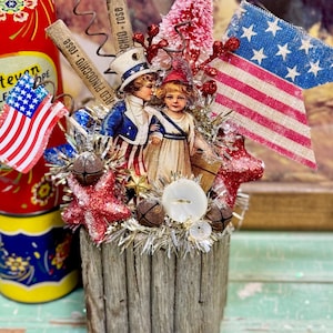 Vintage Table Leg Patriotic Americana Decor – Handmade Ribbon Flag, Fourth of July Decoration