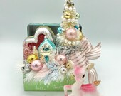 Vintage Christmas Recipe Box Bottle Brush Tree Cookie Cutter Retro pastel Pink Decoration Shiny Brite Centerpiece