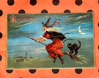 Antique Halloween Postcard Witch Black Cat Early 1900s