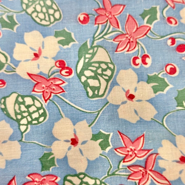 Feedsack Fabric Pristine Vintage Blue Floral Cherry Blossom Print