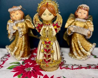 Vintage Christmas Angel Rotating Music Box Silent Night Mid Century Paper Mache Chalkware Jeweled