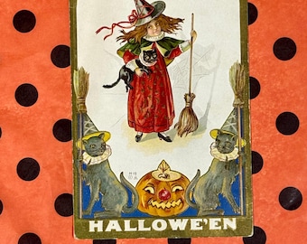 Antique Halloween Postcard  E. Nash Witch Black Cat Jack-o-lantern Early 1900s