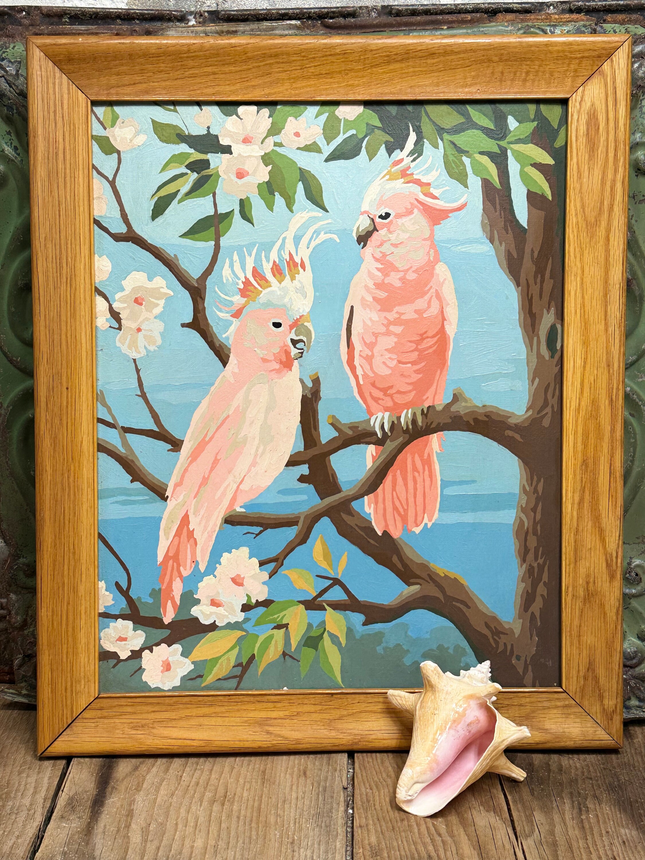 Vintage Paint by Number~Cockatoo Birds~Signed On Back~Dated 1954~Original  Frame