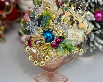 Christmas Vintage Pink Depression Glass Bottle Brush Tree Ornaments Centerpiece Decoration Brooch