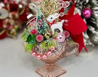 Christmas Vintage Pink Depression Glass Bottle Brush Tree Ornaments Centerpiece Decoration Brooch