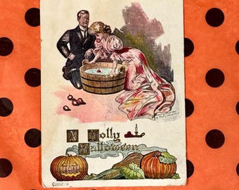 Antique Halloween Postcard  Bobbing for Apples Early 1900s Jolly Jack-o-lanterns