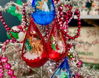 Christmas Ornament Diorama Teardrop Icicles  Vintage Mid Century Bradford Jewelbrite  lot of 4