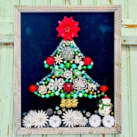 Vintage Jeweled Christmas Tree Art, Framed Rhinestone Jewelry