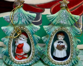 Vintage Christmas Ornament Bone China Diorama Mid Century Pair