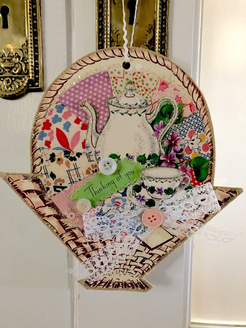 Handmade Greeting Card Decoration Vintage Feedsack Fabric Patchwork Dresden Plate