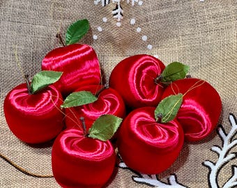 Vintage Satin Sheen Silk Thread Apple Ornament lot of 7 Red