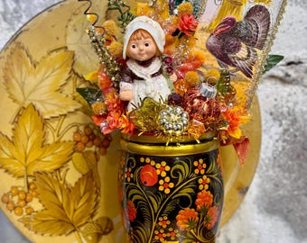 Thanksgiving Vintage Russian Folk Art Hand Painted Vase  Bottle Brush Tree Decor Arrangement Centerpiece Autumn Fall Hallmark Pilgrim