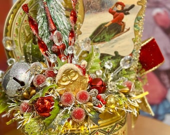 Christmas Decoration Vintage Embossed English Tin Antique Postcard Bottle Brush Tree Decor
