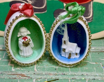Vintage Christmas Ornament Bone China Diorama Mid Century Pair