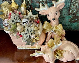Vintage Christmas Reindeer and Sleigh Blush Pink Iridescent White Gold Kimple Handmade Ceramic 1980 Large Set of 3