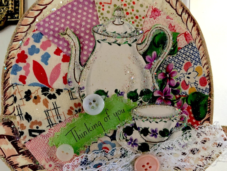 Handmade Greeting Card Decoration Vintage Feedsack Fabric Patchwork Dresden Plate