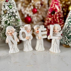 Vintage Angel NOEL Candleholder Set Relpo Norcrest Commodore White Gold Rare