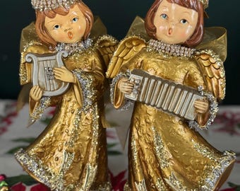 Vintage Christmas Angel Pair Mid Century Paper Mache Chalkware Jeweled