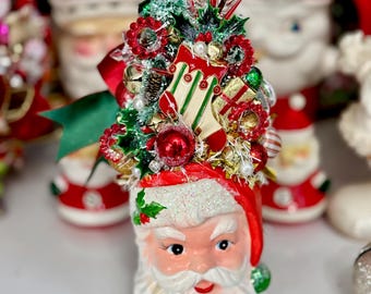 Christmas Santa Vintage Large Head Vase Planter Shiny Brite Bottle Brush Tree