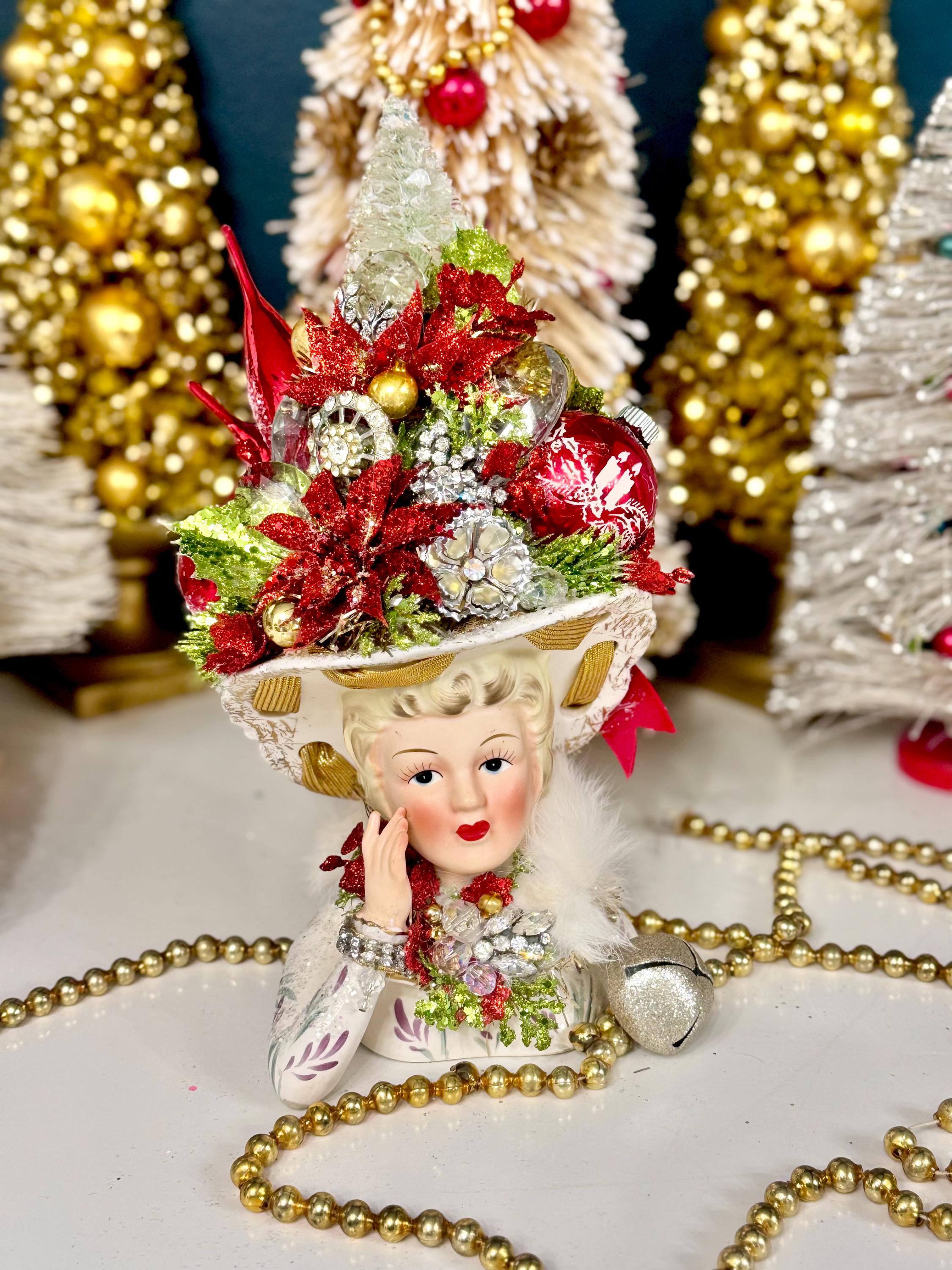 Christmas Vintage Head Vase Planter Shiny Brite Rhinestone Jewelry