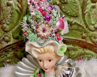 Christmas Vintage Head Vase Planter Shiny Brite Rhinestone Jewelry Bottle Brush Tree Napco